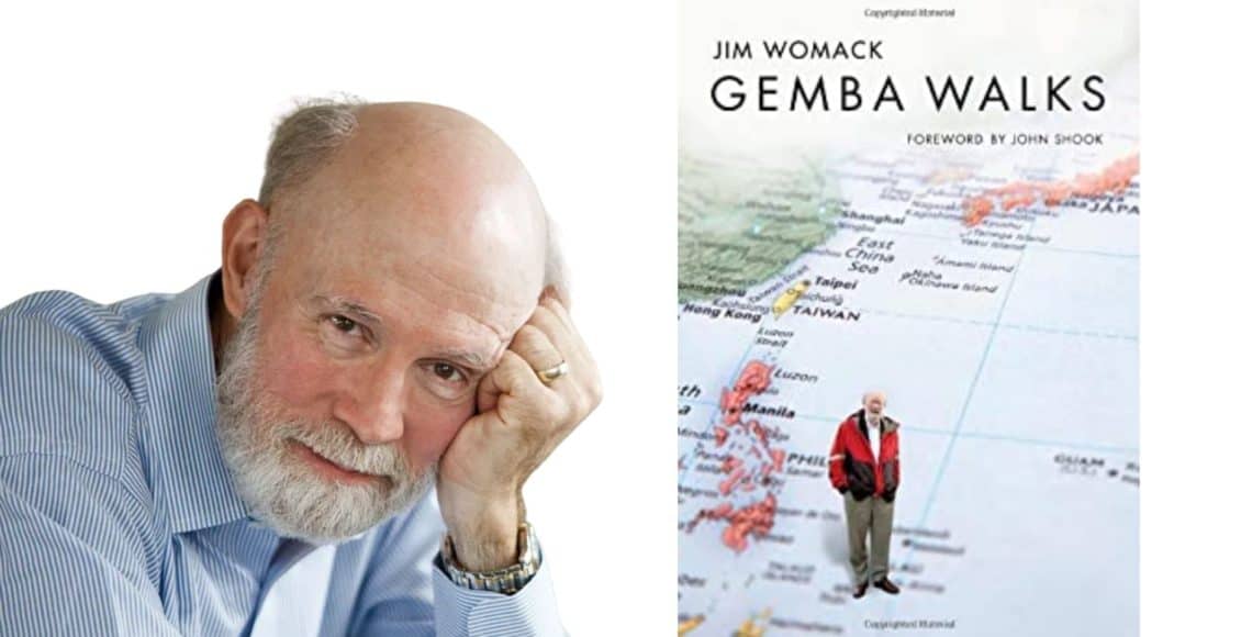 Jim Womack, co-author of "Gemba Walks," is pictured on the left with a thoughtful expression, resting his head on his hand. On the right is the book cover of "Gemba Walks," featuring the title and a foreword by John Shook, with an image of Jim Womack standing on a map.