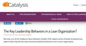 Screenshot of an article on the Catalysis website titled "The Key Leadership Behaviors in a Lean Organization?" by John Toussaint, posted on October 7, 2011.