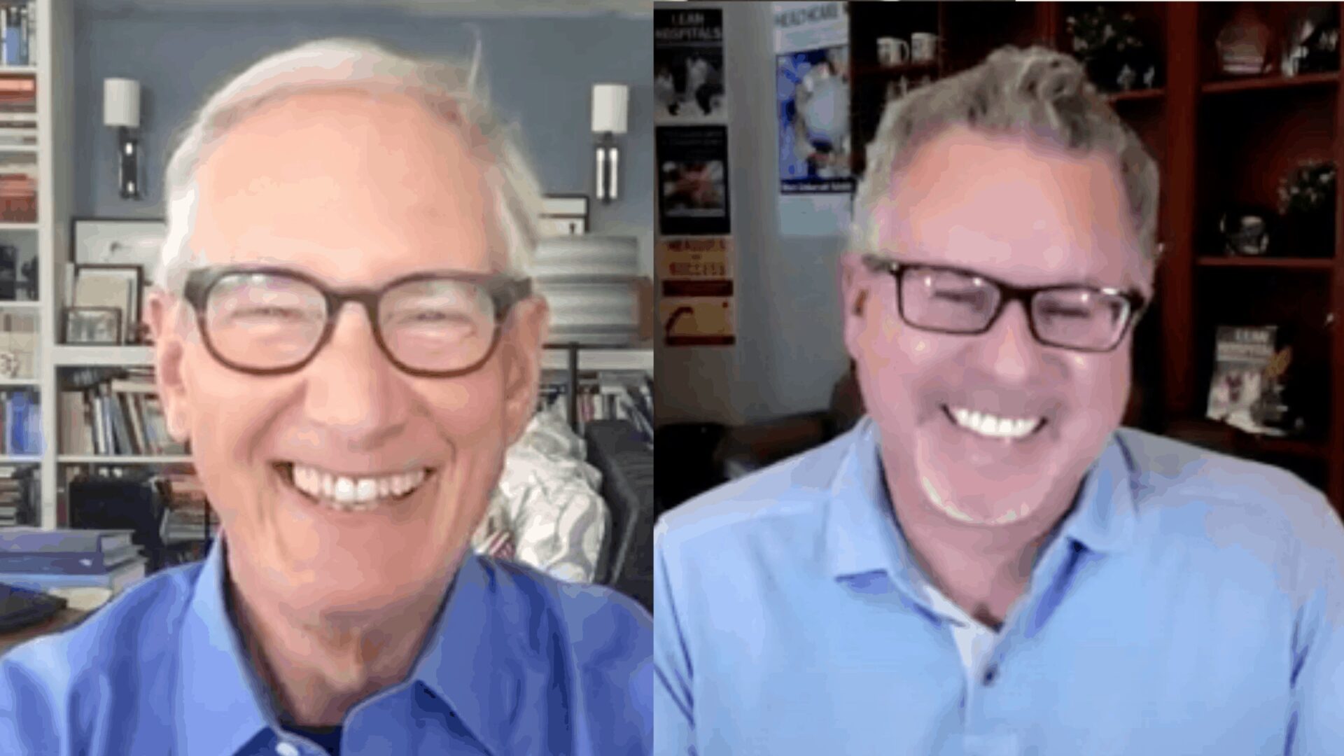 Tom Peters and Mark Graban smiling during a virtual interview.