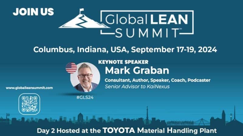 Promotional image for the Global Lean Summit held in Columbus, Indiana, USA, from September 17-19, 2024. The image features Mark Graban, who is listed as the keynote speaker with a presentation titled "Warning Signs." Mark Graban is identified as a Consultant, Author, Speaker, Coach, and Podcaster, and a Senior Advisor to KaiNexus. His photo is shown alongside the event details. The image includes a QR code for more information and mentions that Day 2 of the summit will be hosted at the Toyota Material Handling Plant. The event website, www.globalleansummit.com, and the hashtag #GLOBALLEANSUMMIT are also displayed.






